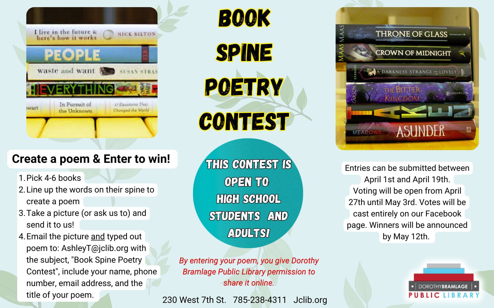 Flyer for Book Spine Poetry Contest, Entries Accepted between April 1 and April 19