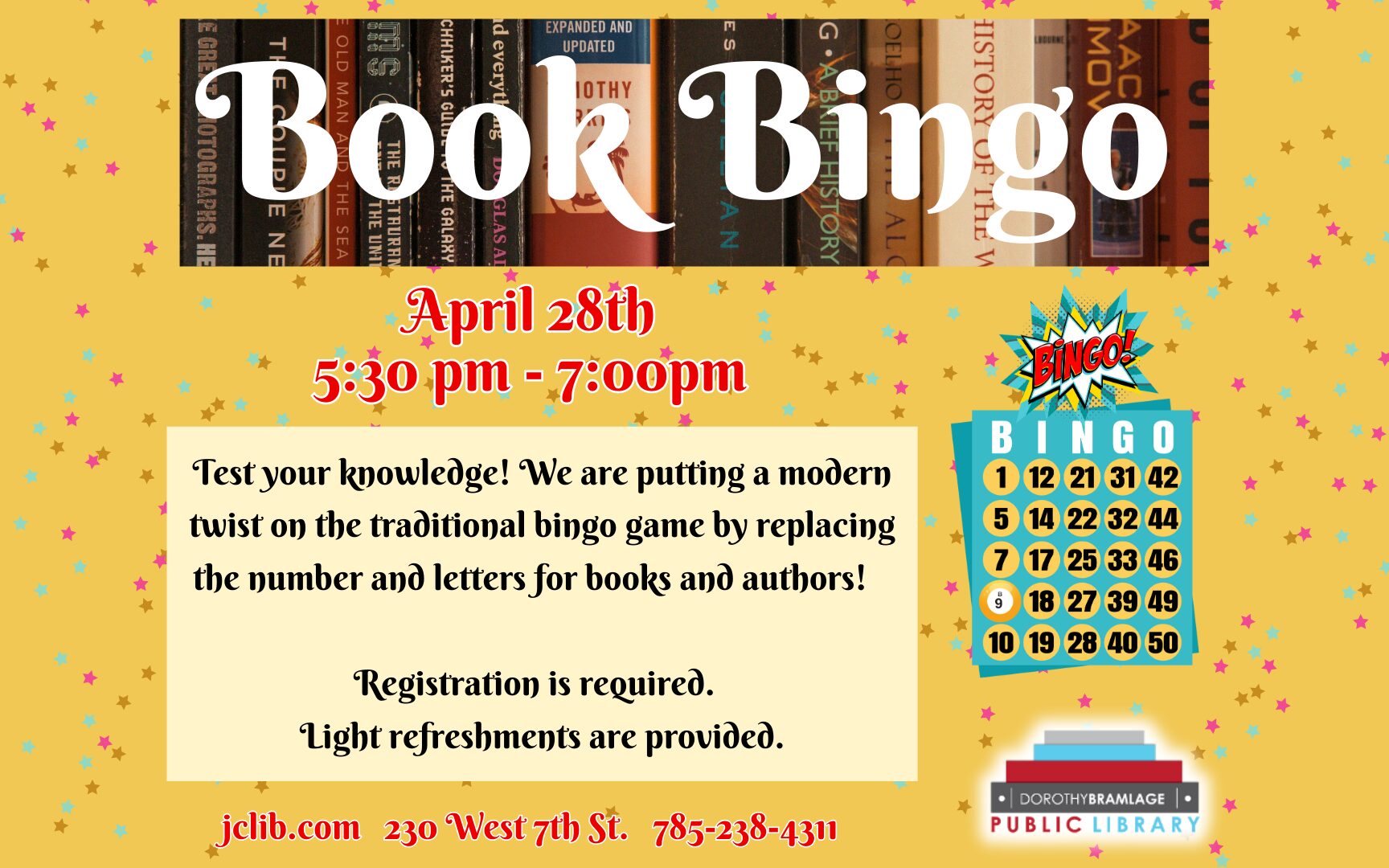 Flyer for Book Bingo, April 28, 5:30 P.M.