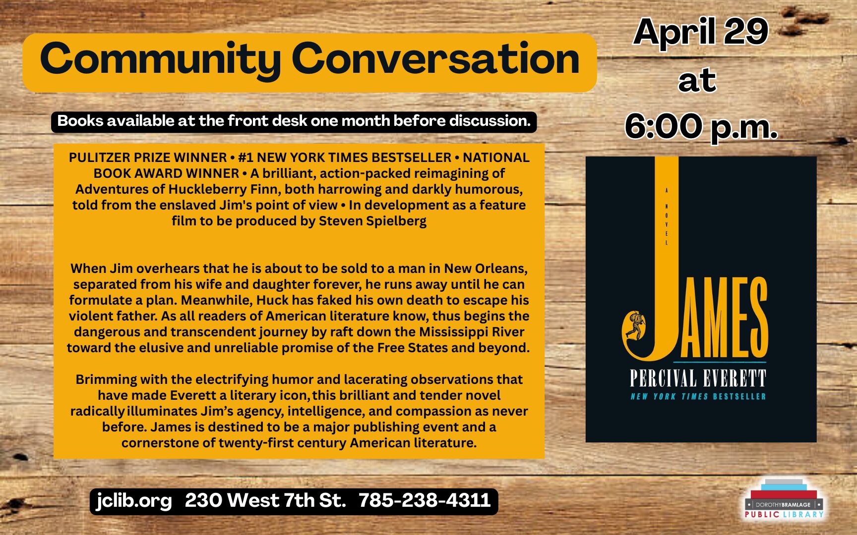 Flyer for Community Conversation, Discussion Topic "James", April 29, 6 P.M.