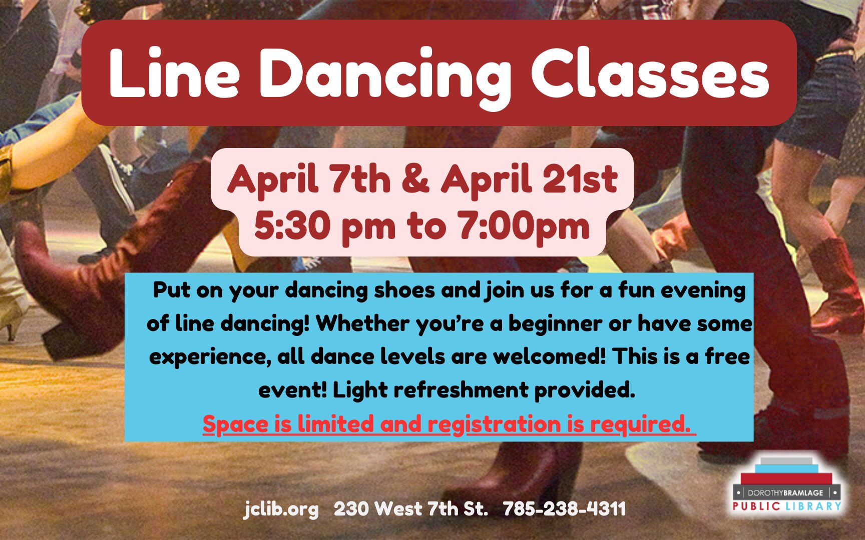 Flyer for Line Dancing Class, April 21, 5:30-7 P.M.