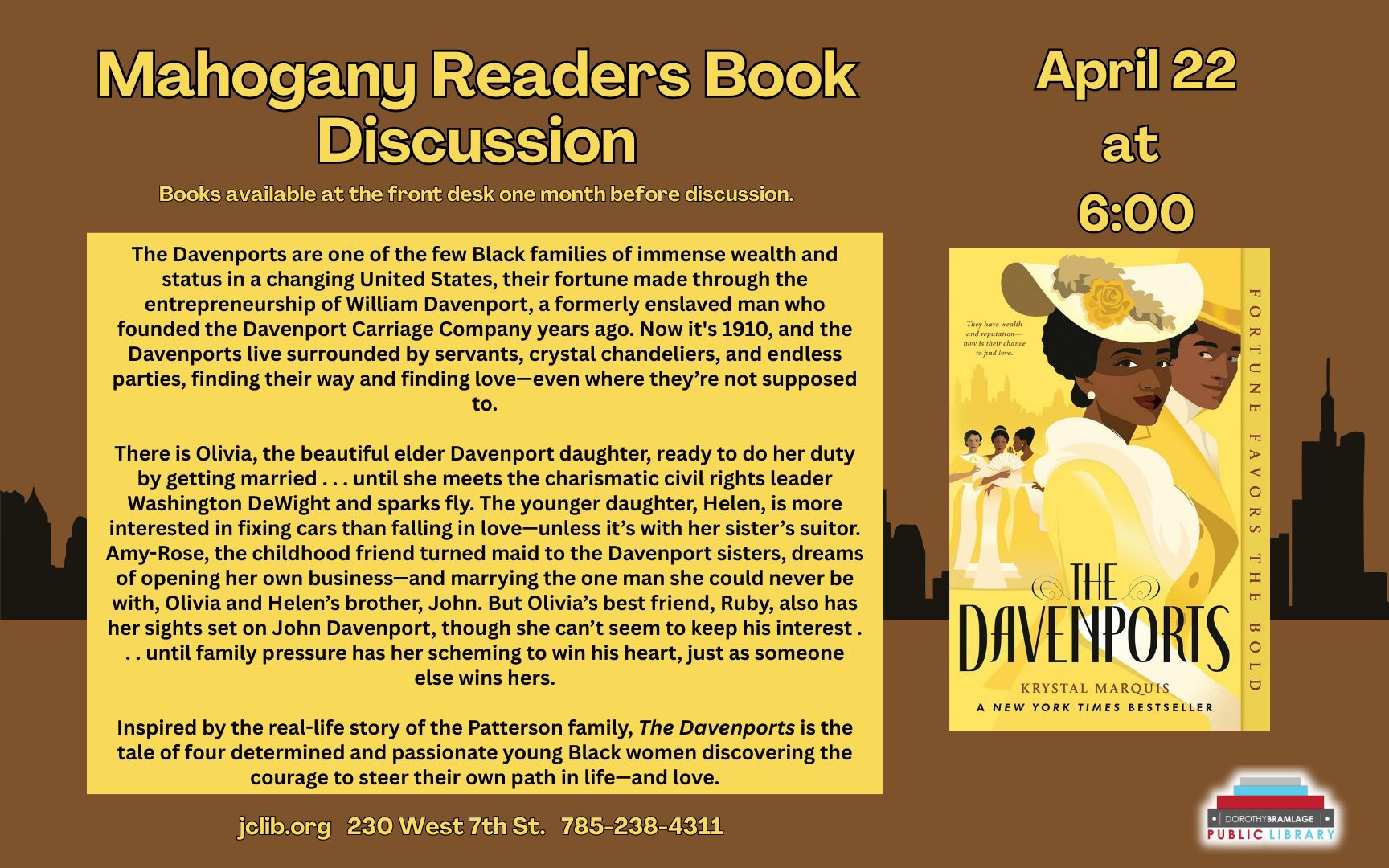 Flyer for Mahogany Readers, Discussion Topic "The Davenports", April 22, 6 P.M.