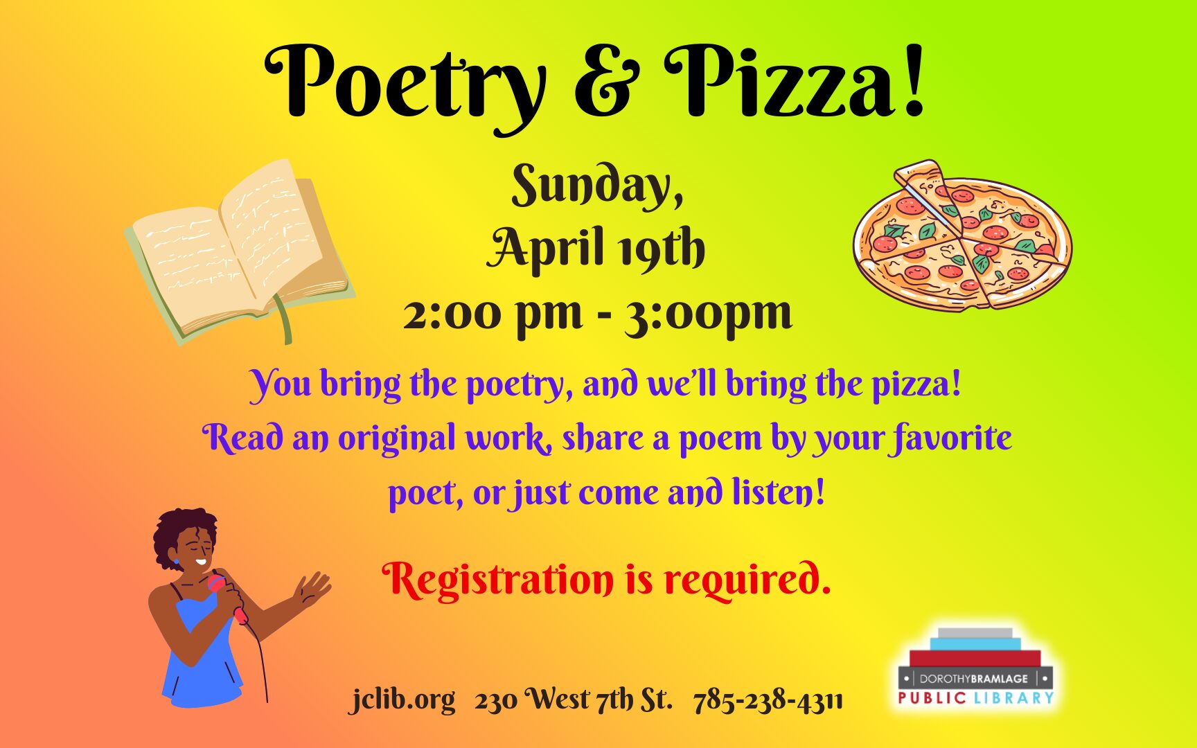 Flyer for Poetry and Pizza, April 19, 2-3 P.M.