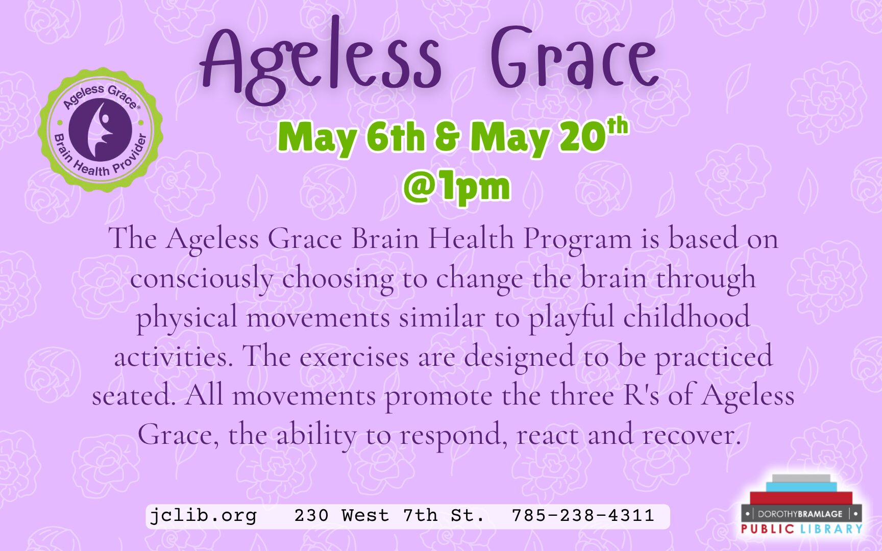 Flyer for Ageless Grace, May 6, 1 P.M.
