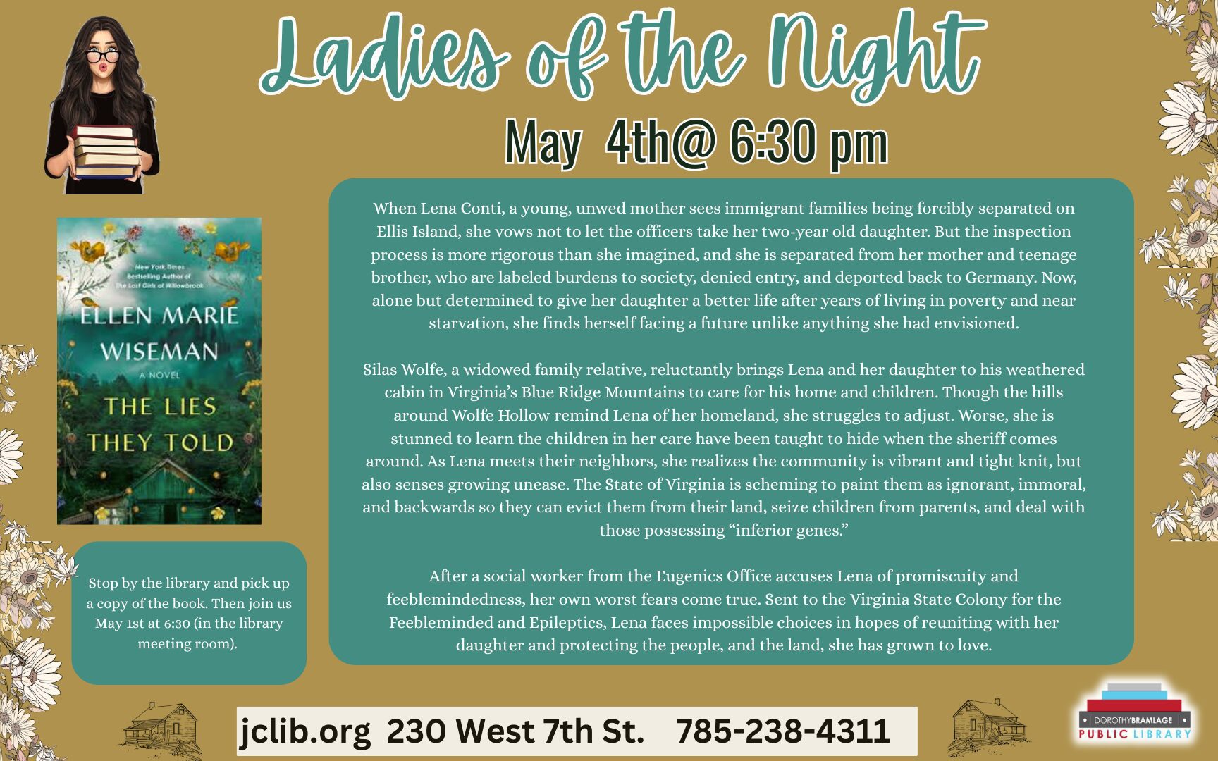 Flyer for Ladies of the Night, Discussion Topic, "The Lies They Told," May 4, 6:30 P.M.