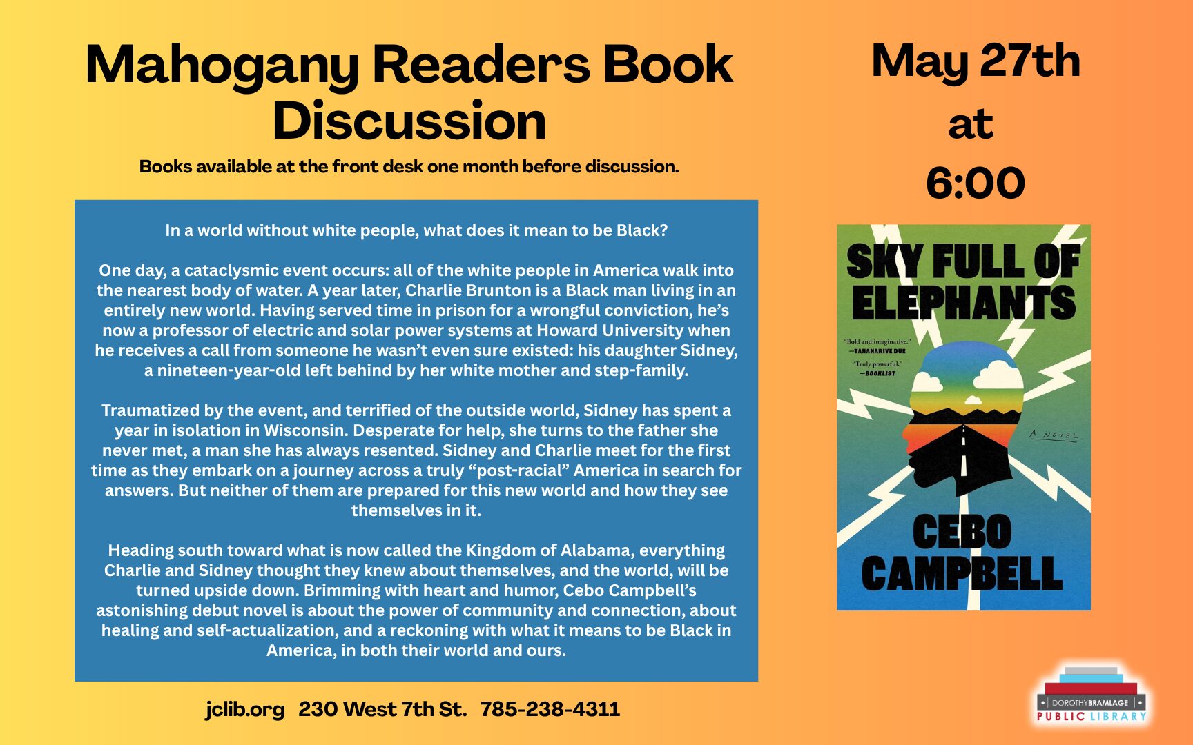 Flyer for Mahogany Readers, Discussion Topic "Sky Full of Elephants", May 27, 6 P.M.