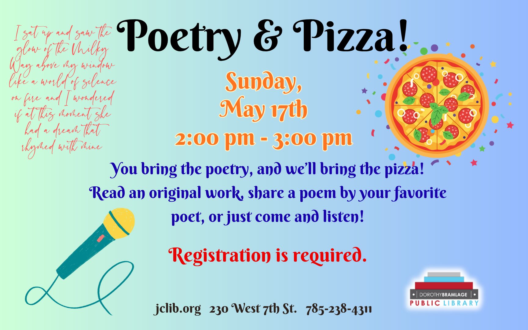Flyer for Poetry and Pizza, May 17, 2 P.M.