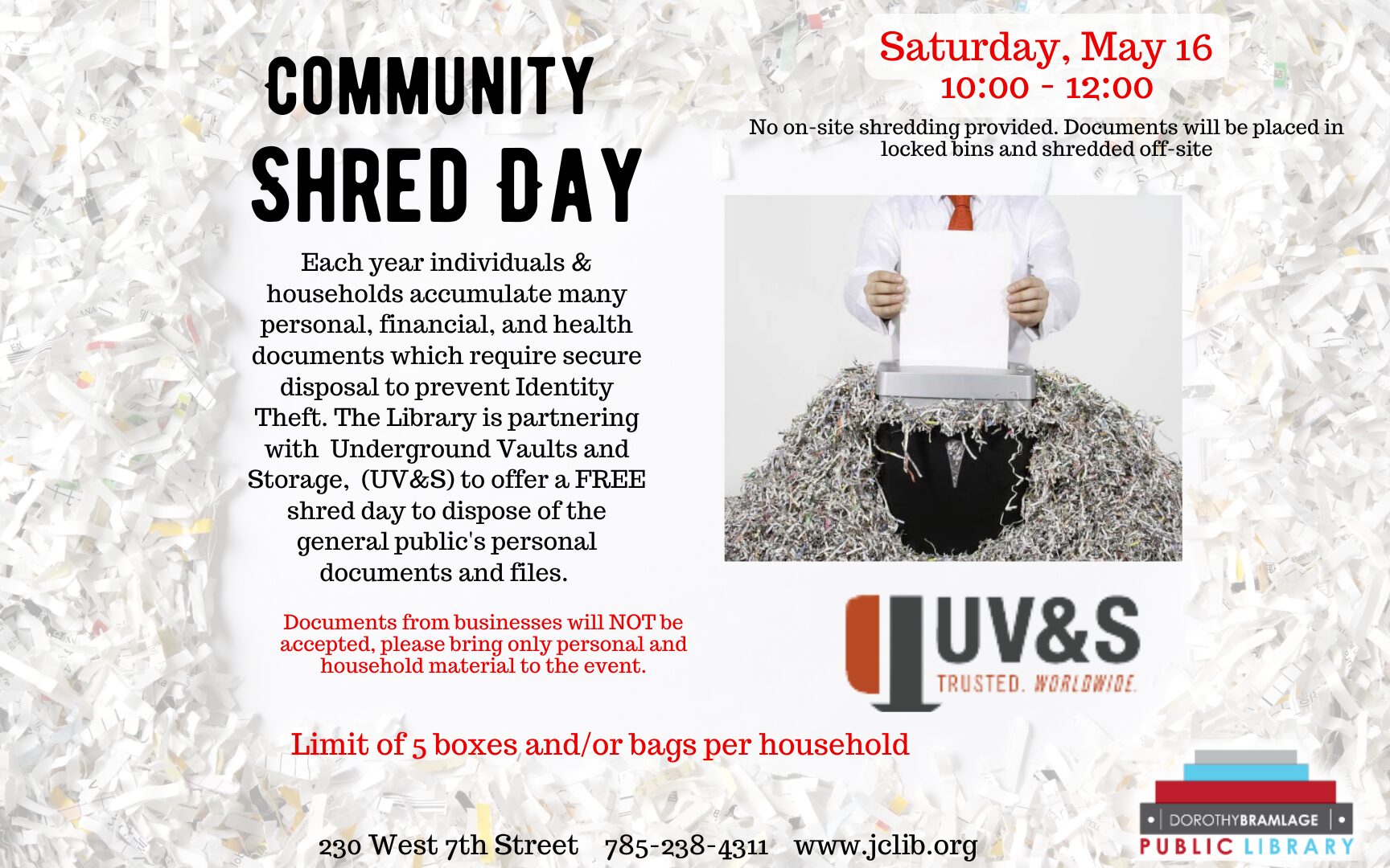 Flyer for Community Shred Day, May 16, 10 A.M. to Noon