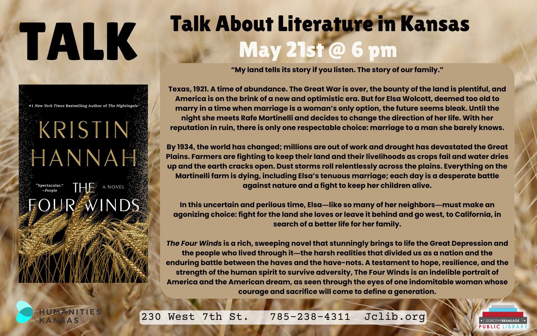 Flyer for TALK, Discussion Topic, "The Four Winds," May 21, 6 P.M.