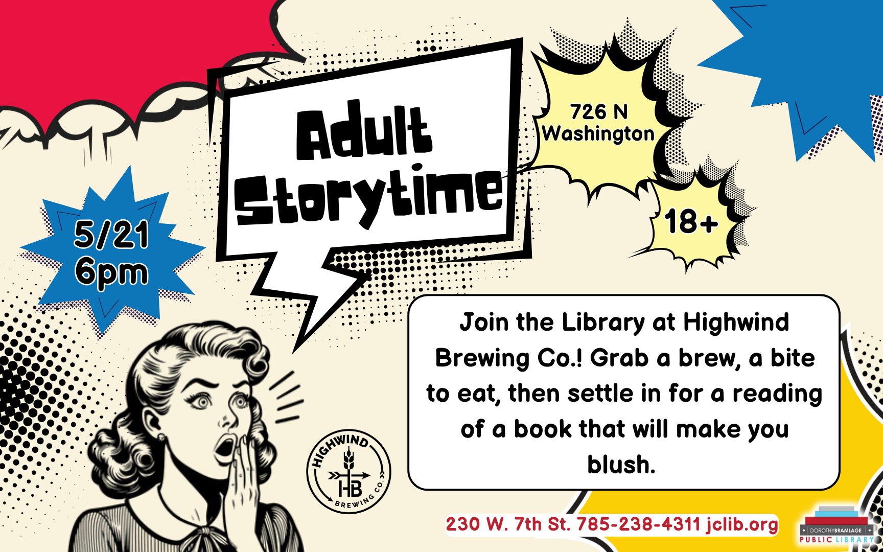 Flyer for Adult Storytime @ Highwind Brewery, 18+, May 21, 6 P.M.
