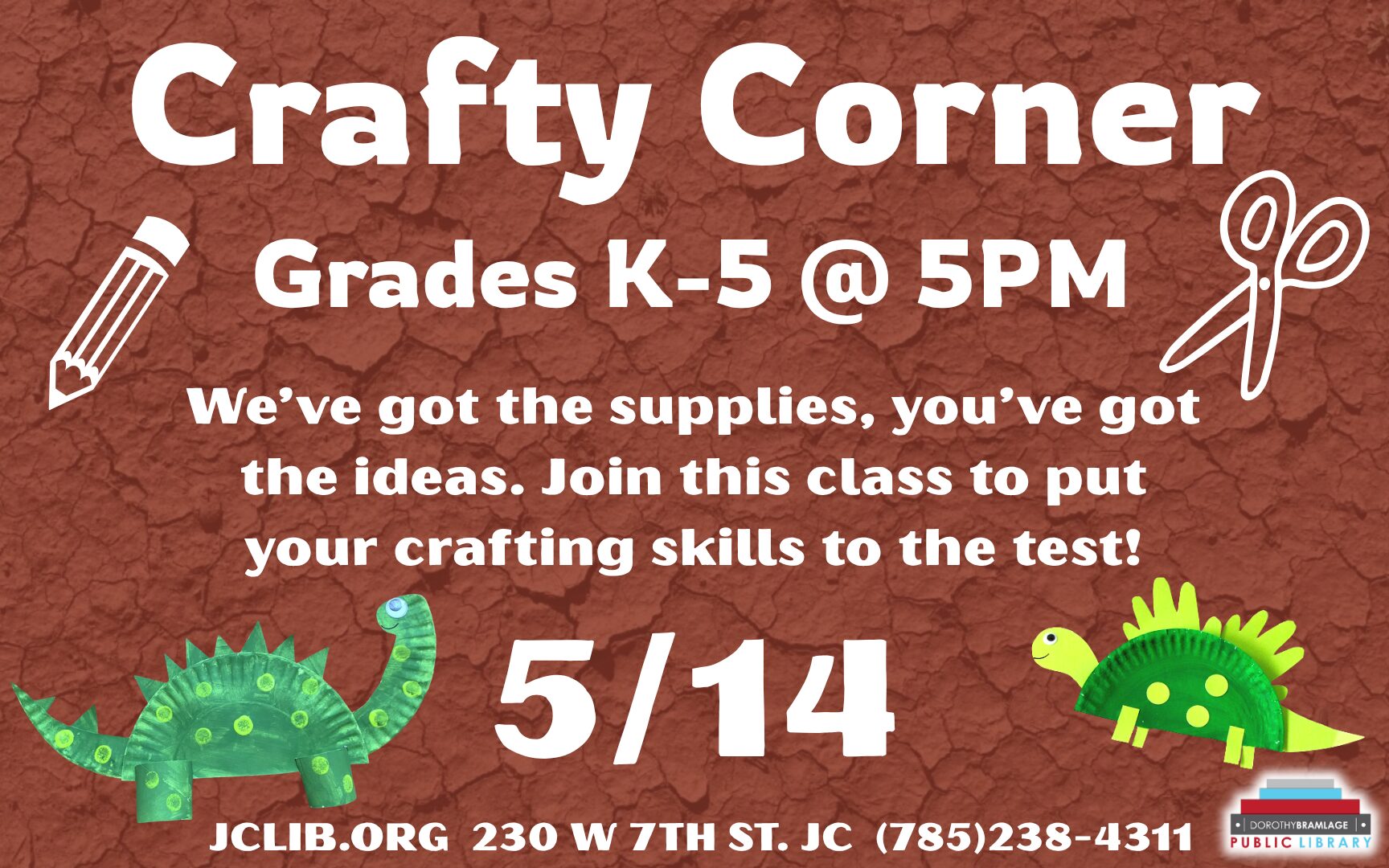 Flyer for Crafty Corner, Grades K-5, May 14, 5 P.M.