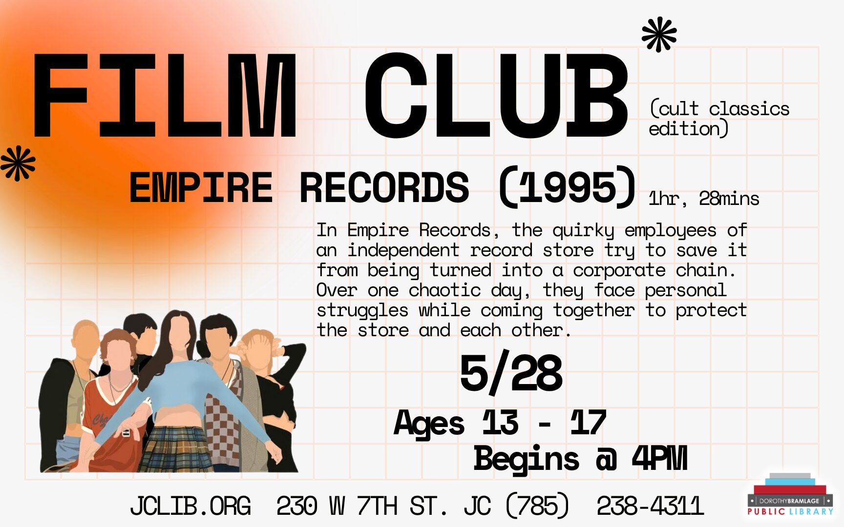 Flyer for Film Club, Topic "Empire Records", Ages 13-17, May 28, 4 P.M.