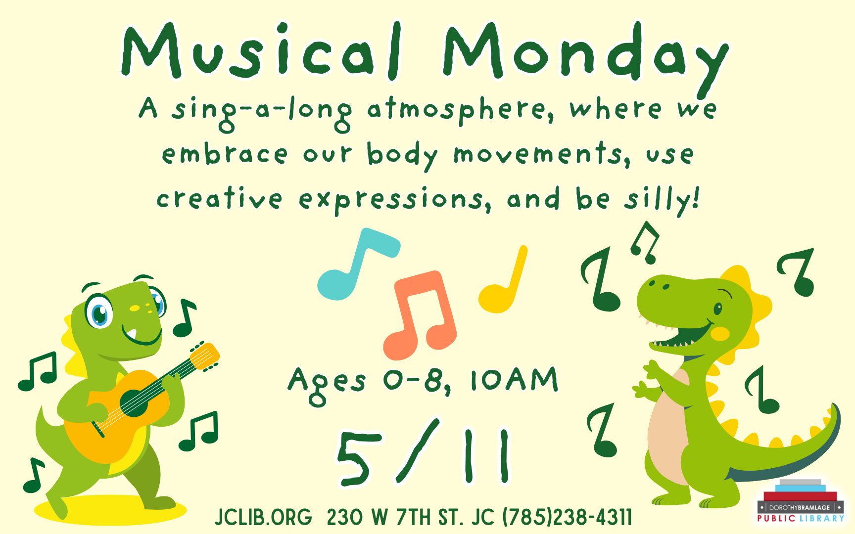 Flyer for Musical Monday, Ages 0-8, May 11, 10 A.M.
