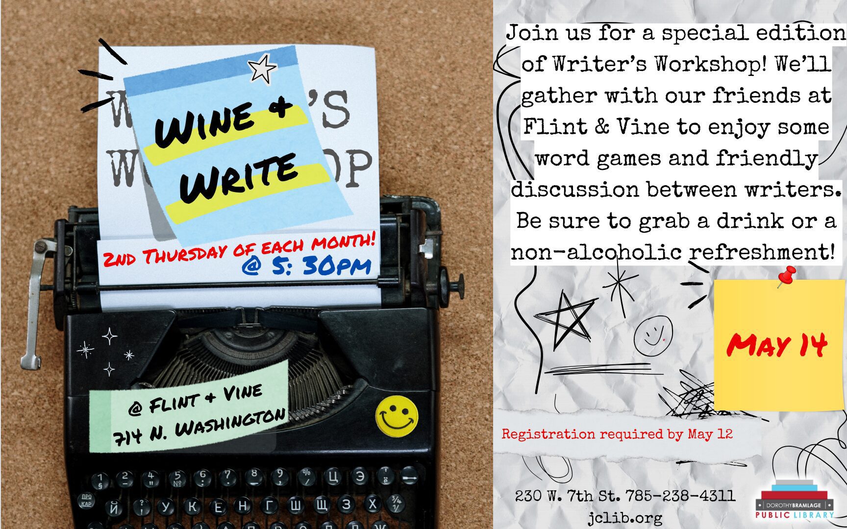 Flyer for Wine and Write @ Flint and Vine, May 14, 5:30 P.M.