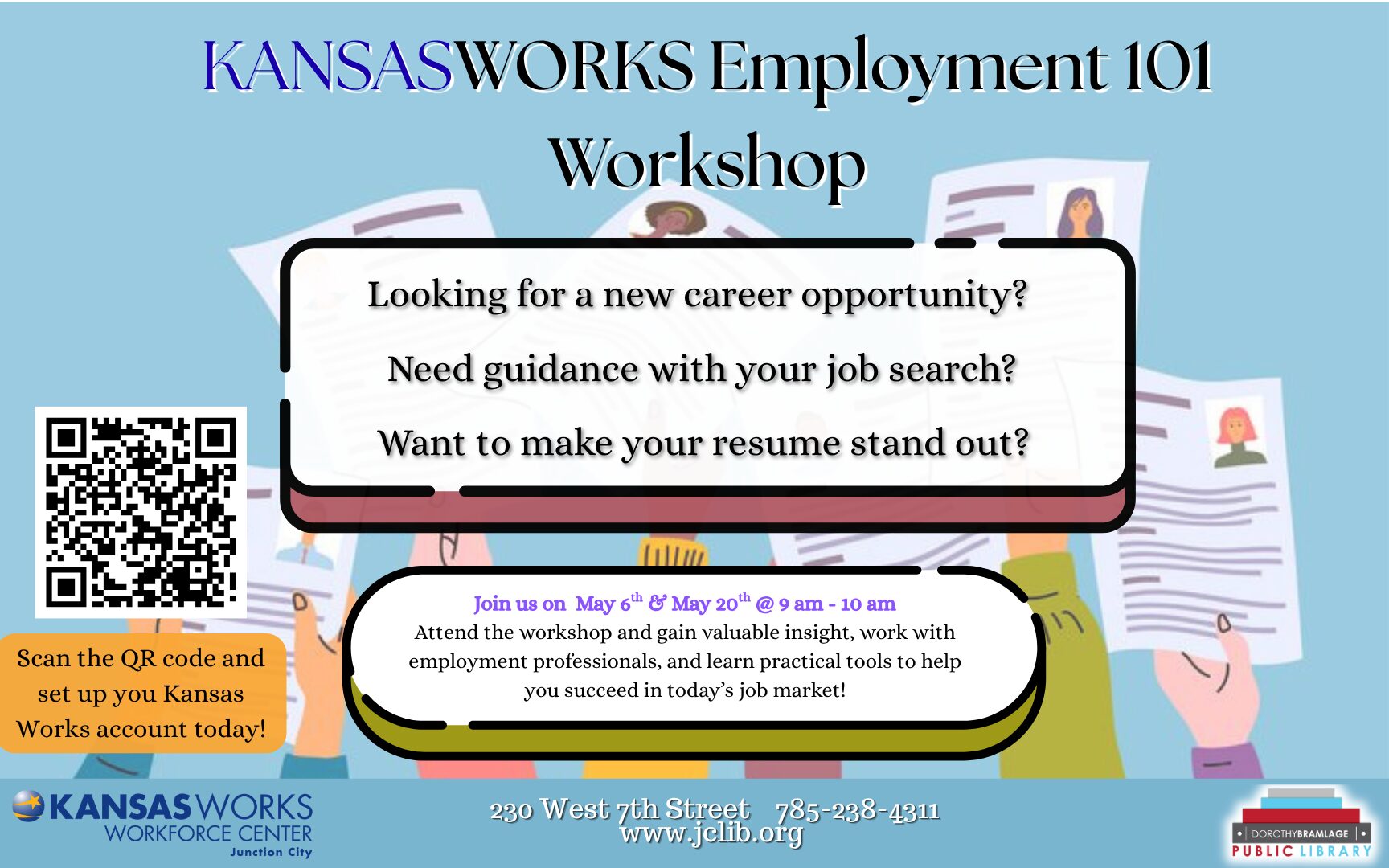 Flyer for "KansasWorks Employment 101 Workshop", May 6, 9 A.M. to 10 A.M.